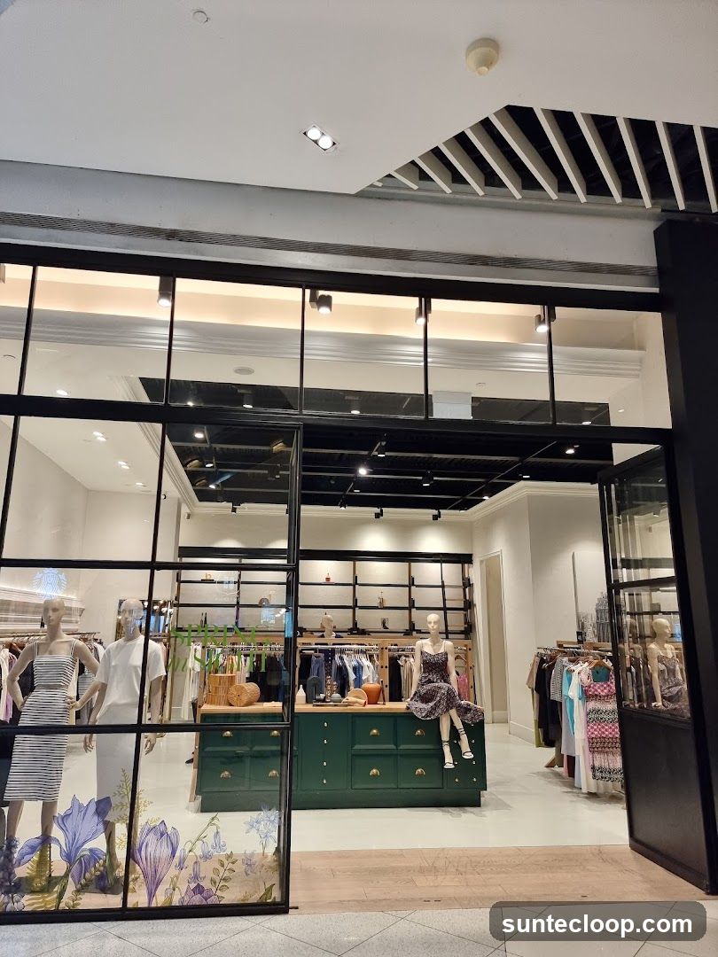 A view into a clothing store through a large glass storefront with black framing. Inside, mannequins are displayed wearing dresses and outfits. Racks of clothing are visible, along with shelves stocked with items. A green cabinet with drawers is centrally located. The floor is light wood.