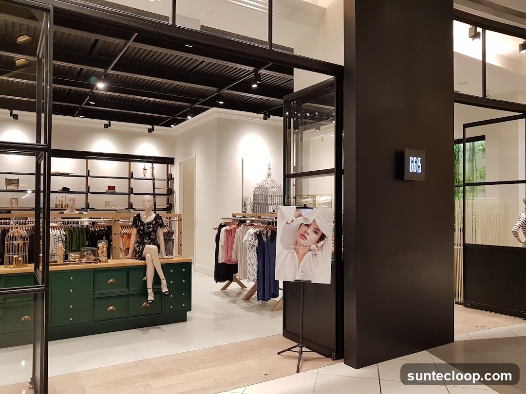 The interior of a modern clothing store with racks of apparel, mannequins, and display shelves. A promotional poster is visible near the entrance. A digital sign displaying '665' is mounted on a dark pillar.