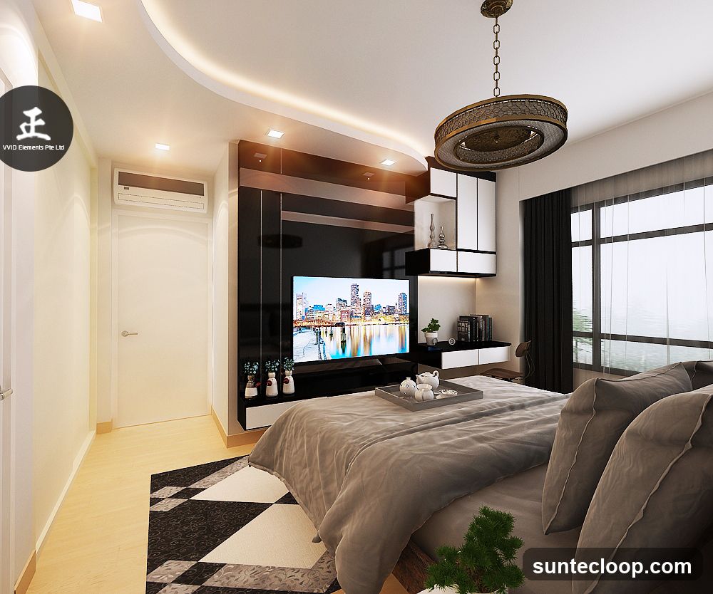 Modern Bedroom with Cityscape TV