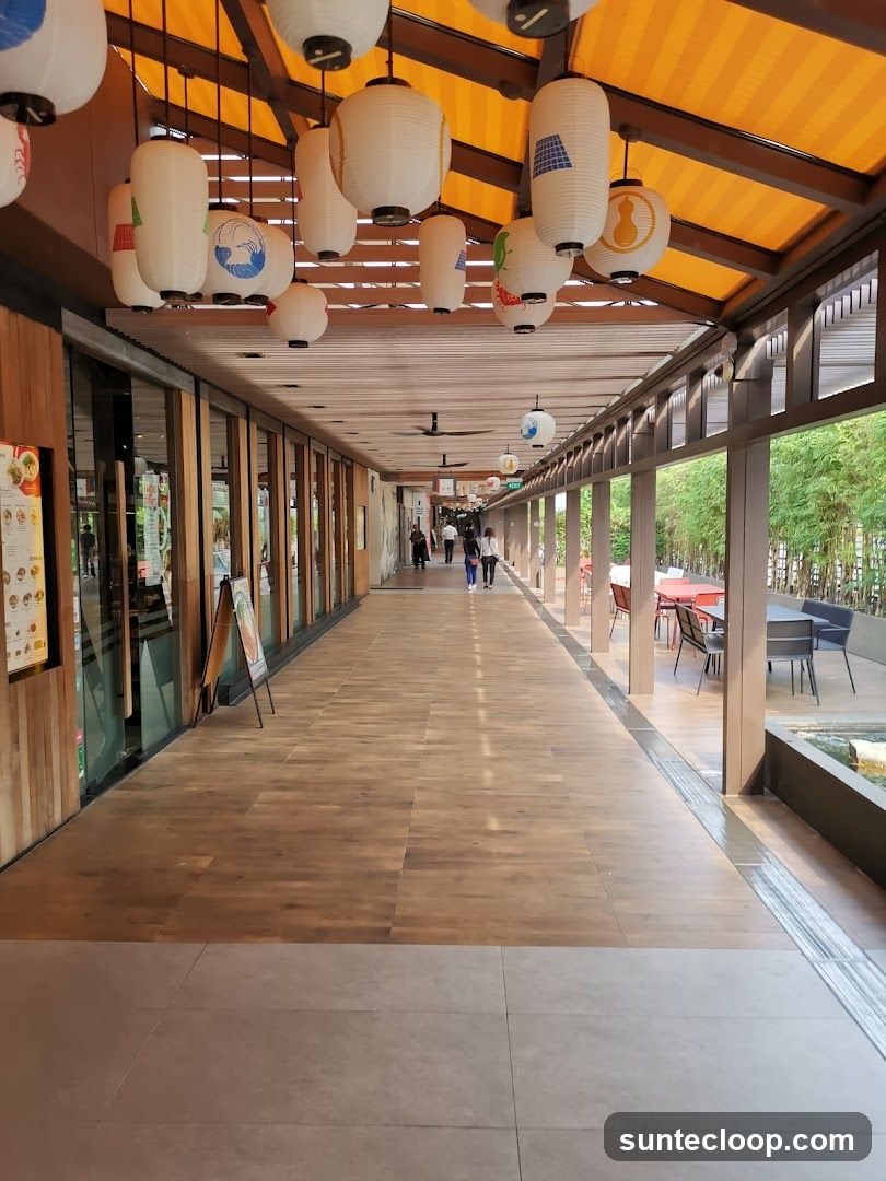 Outdoor walkway with Japanese lanterns