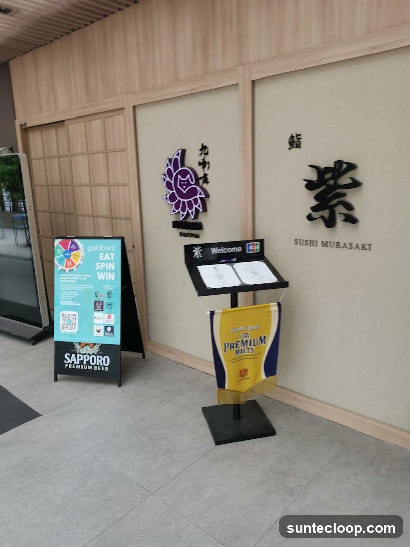 Sushi Restaurant Entrance with Promotions